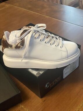 Australia Luxe Collective White Leather Sneakers with Brown Haircalf Heel